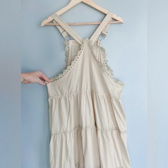 Prairie Cottagecore Tiered Overall Dress Beige Lace Trim Adjustable Straps M/L - Picture 8 of 8